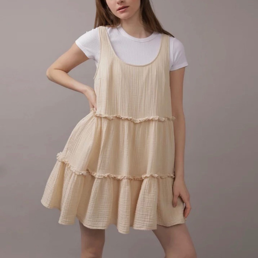 American‎ Eagle Tan Tiered Ruffle Babydoll Mini Dress XL NWT